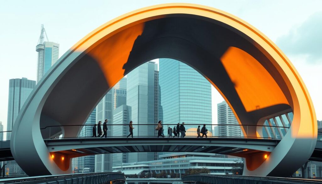 A modern, sleek pedestrian bridge soaring over a bustling urban landscape. The bridge's graceful arches and sleek, minimalist design blend seamlessly with the towering skyscrapers in the background. Warm, diffused lighting casts a golden glow, creating a welcoming atmosphere. Pedestrians stroll across the bridge, their silhouettes creating a sense of movement and life. The scene captures the essence of urban connectivity, where form and function coexist harmoniously.