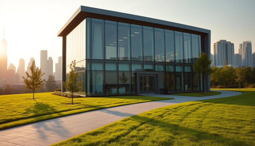 A modern, sleek prefab office building in a commercial setting, with a striking glass facade and a clean, minimalist design. The building is situated in a lush, verdant landscape, with a well-manicured lawn and carefully placed trees in the foreground. The mid-ground features a paved walkway leading up to the main entrance, while the background showcases a cityscape of skyscrapers and high-rise buildings, creating a sense of urban sophistication. The lighting is warm and natural, with the sun casting a soft glow on the building's exterior. The overall atmosphere conveys a sense of efficiency, productivity, and a commitment to sustainable, eco-friendly architecture.