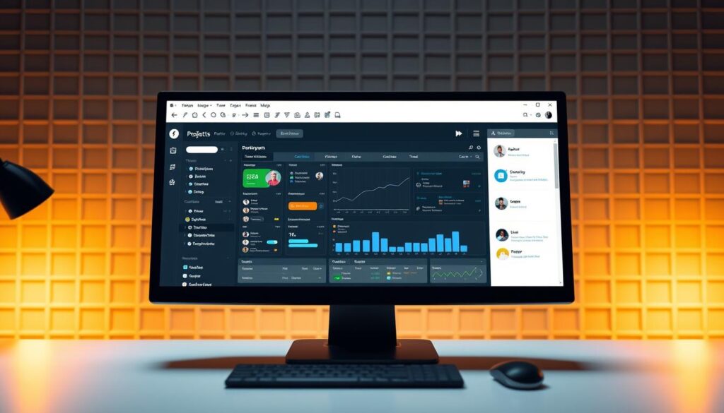 A modern, sleek project management software interface displayed on a computer screen. In the foreground, a clean and intuitive dashboard showcases key metrics, task lists, and progress charts. The middle ground features collaborative tools such as Gantt charts, calendar views, and file sharing modules. In the background, a subtle grid pattern or subtle geometric motifs create a visually appealing, tech-savvy ambiance. Warm, indirect lighting casts a professional, productivity-focused atmosphere. The composition emphasizes efficiency, organization, and seamless team collaboration, embodying the essential tools required for effective project management.