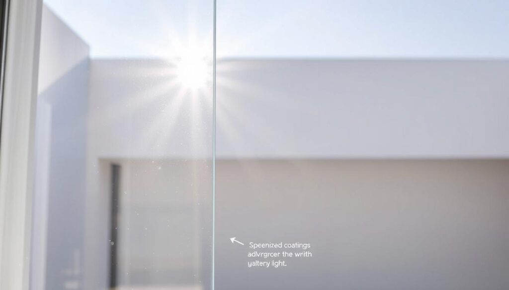 A modern, sleek window featuring advanced UV-protective glazing technology. In the foreground, a glass pane with a subtle tint and shimmering crystalline structure, capturing the sun's rays and filtering out harmful ultraviolet light. The middle ground showcases the intricate layers of the glazing, with specialized coatings and tinting films that work in harmony to block UV radiation while allowing natural light to pass through. In the background, a minimalist architectural setting, emphasizing the integration of this innovative glazing solution into a contemporary design aesthetic. The overall scene conveys a sense of clarity, energy efficiency, and enhanced protection against the sun's damaging effects.