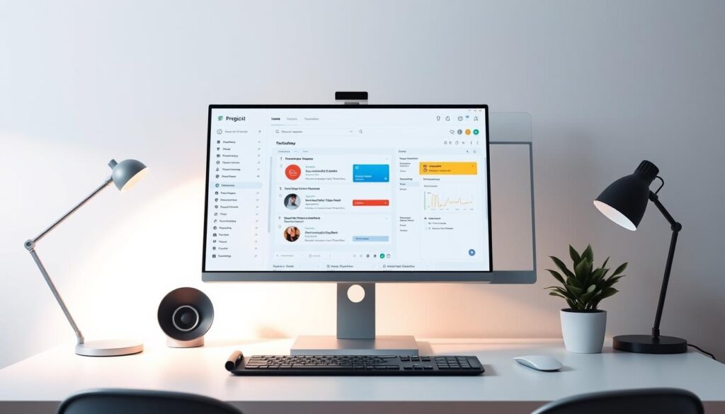 A modern, sleek workspace with a large computer monitor displaying a project management software interface. The monitor is surrounded by minimalist desk accessories, including a wireless mouse, a stylish desk lamp, and a potted plant. The background features a clean, minimalist wall with a subtle, abstract geometric pattern, creating a sense of balance and professionalism. The lighting is soft and diffused, creating a warm and productive atmosphere. The overall composition emphasizes the focus on the project management software, highlighting its importance in the project management process.