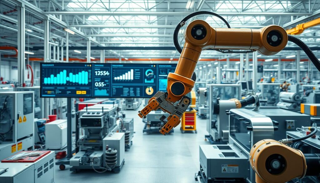 A modern smart factory floor, bustling with IoT-connected machines and sensors. In the foreground, an industrial robot arm precisely assembles components, its movements captured by high-resolution cameras. In the middle ground, a large control panel displays real-time analytics and production data, fed by a network of IoT devices. The background reveals an expansive workspace filled with gleaming machinery, all operating in perfect synchronization, illuminated by bright, even lighting. The scene conveys a sense of technological advancement, efficiency, and the seamless integration of the physical and digital realms that defines the future of smart manufacturing.