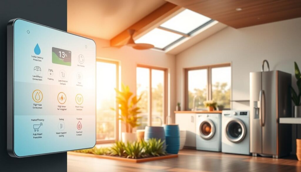 A modern smart home interior with a focus on efficient water management. In the foreground, a sleek digital control panel showcases various water conservation features - flow monitoring, leak detection, real-time usage data. The middle ground depicts high-efficiency fixtures and appliances, including a low-flow showerhead, water-saving washing machine, and smart irrigation system. The background reveals a lush, drought-resistant landscape with strategically placed rain collection barrels. Warm, natural lighting filters in through large windows, creating a serene, eco-friendly atmosphere. The overall scene conveys a harmonious balance between technology and sustainable living.
