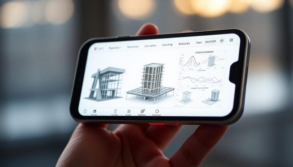 A modern smartphone screen displaying a structural analysis app, with a clean, minimalist user interface. The app showcases 3D building models, stress diagrams, and design calculations in vivid detail. The screen is backlit with a soft, natural light, casting a warm, inviting glow. The app's interface is sleek and intuitive, with clearly labeled tools and features for civil engineers to analyze structures and optimize designs. The background blurs out, keeping the focus on the app's functionality and capabilities. The overall mood is one of efficiency, professionalism, and technological sophistication.