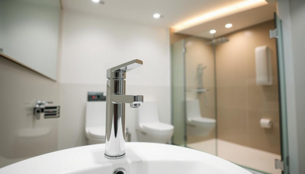A modern, stylish bathroom with sleek, minimalist plumbing fixtures. In the foreground, a gleaming chrome faucet with a minimalist design sits atop a white ceramic sink. The middle ground features a modern wall-mounted toilet with a minimalist tank and flush button. In the background, a large, rectangular mirror reflects the scene, along with a glass shower enclosure with chrome hardware. The lighting is bright and even, with recessed ceiling lights casting a warm, natural glow. The overall atmosphere is one of clean, contemporary sophistication.