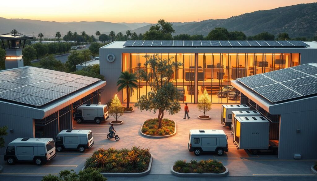 A modern, sustainable cargo facility design with a focus on energy efficiency and environmental responsibility. Prominent solar panels cover the rooftops, harnessing renewable energy to power the operations. In the foreground, electric cargo vehicles are being loaded, their quiet motors contributing to a peaceful, low-emission environment. The middle ground features a central plaza with native plants and trees, providing natural cooling and a pleasant work atmosphere for employees. In the background, the facility's facade showcases a sleek, minimalist architectural style with ample glazing to maximize natural lighting. Warm, diffused lighting illuminates the scene, creating a welcoming and environmentally conscious atmosphere.