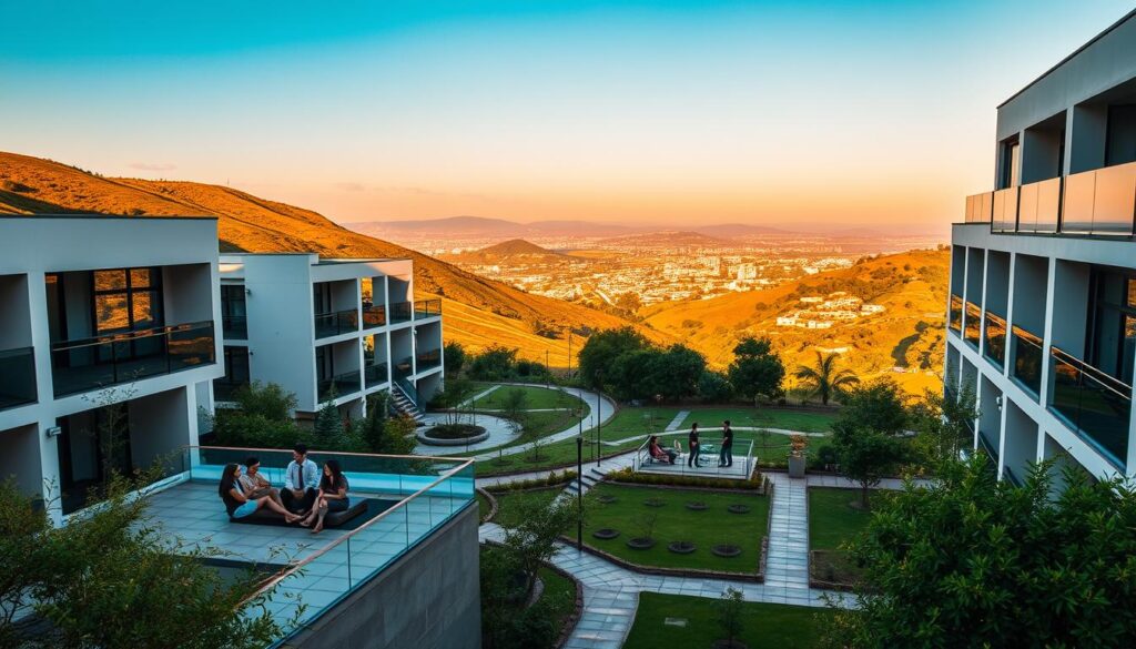 A modern, sustainable housing complex nestled amidst the lush, rolling hills of Africa. In the foreground, a group of civil engineering interns relaxing on the terrace, enjoying the warm, golden sunlight and panoramic views. The building features clean, minimalist architecture with large windows that flood the interiors with natural light. The middle ground showcases well-maintained pathways and communal green spaces, where interns gather to collaborate and unwind. In the background, a vibrant cityscape emerges, a testament to the vibrant, growing infrastructure of the region. The scene exudes a sense of tranquility, professionalism, and a commitment to fostering an enriching experience for civil engineering interns in Africa.