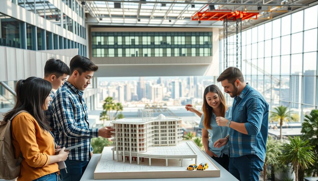 A modern university campus with a dynamic, tech-forward architecture. In the foreground, a group of engineering students collaborating on a model of a resilient, disaster-proof building, using cutting-edge computer-aided design software. The middle ground showcases a state-of-the-art structural testing lab, where students experiment with innovative construction materials and techniques. In the background, a panoramic view of the city skyline, hinting at the real-world applications of their studies. Bright, natural lighting illuminates the scene, creating a sense of optimism and innovation. The overall atmosphere evokes a hub of advanced, hands-on engineering education, preparing the next generation of disaster-resistant civil engineers.