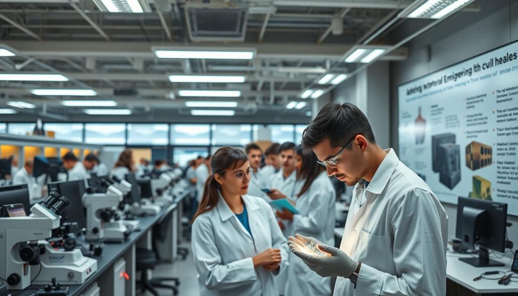 A modern university laboratory with rows of students intently studying advanced materials under the guidance of their professor. Bright overhead lighting illuminates the scene, casting a warm glow on the various microscopes, testing equipment, and computer workstations. In the foreground, a student carefully examines a sample of a new composite material, while others collaborate on experiments. The middle ground features cutting-edge 3D printers and other additive manufacturing tools, demonstrating the practical applications of the research. In the background, a large display board showcases the latest breakthroughs in civil engineering materials, from self-healing concrete to smart sensor-embedded structures.