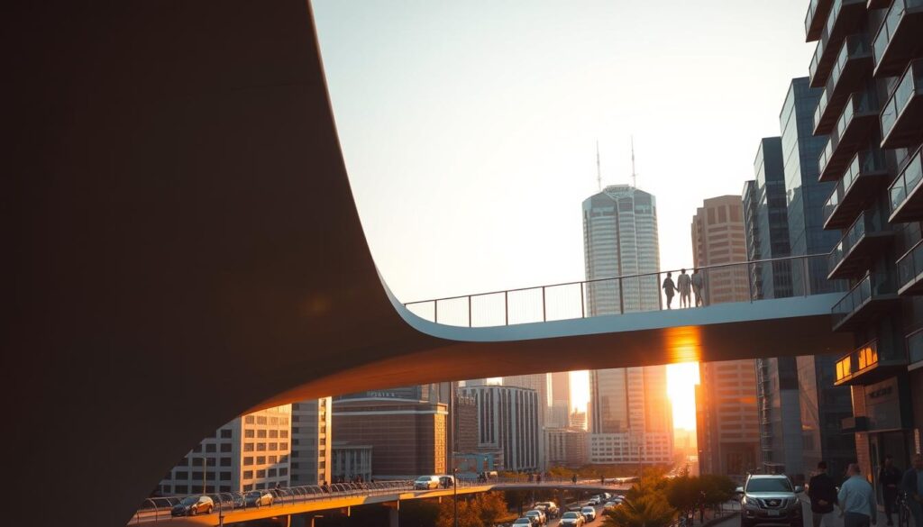 A modern, visually striking pedestrian bridge spanning a bustling urban landscape. The bridge's sleek, minimalist design features clean lines, smooth curves, and a lightweight, airy structure that appears to float effortlessly above the cityscape. The bridge is bathed in warm, golden light from the setting sun, casting long shadows across the bridge's surface and the surrounding buildings. The scene is captured from a low, slightly elevated angle, emphasizing the bridge's striking silhouette against the backdrop of a vibrant, densely populated city skyline. The overall mood is one of elegant simplicity, technological innovation, and a sense of seamless integration between the built and natural environments.
