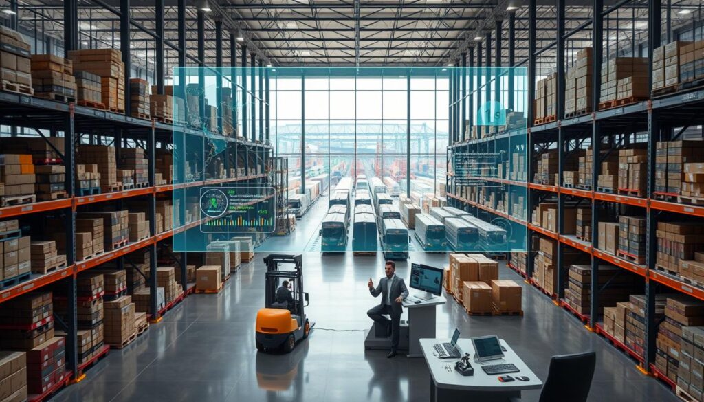 A modern warehouse interior bathed in soft, diffused lighting. Rows of automated shelving units and robotic forklifts efficiently navigate the space, orchestrating the seamless flow of goods. In the foreground, a holographic display projects detailed logistics data, with color-coded routes and real-time inventory levels. The middle ground features an ergonomic control station, where a logistics manager oversees the optimization algorithms, ensuring regulatory compliance and maximum efficiency. The background showcases large windows overlooking a bustling multimodal transportation hub, with trains, trucks, and cargo ships in the distance, all working in harmony to deliver goods to their final destinations.