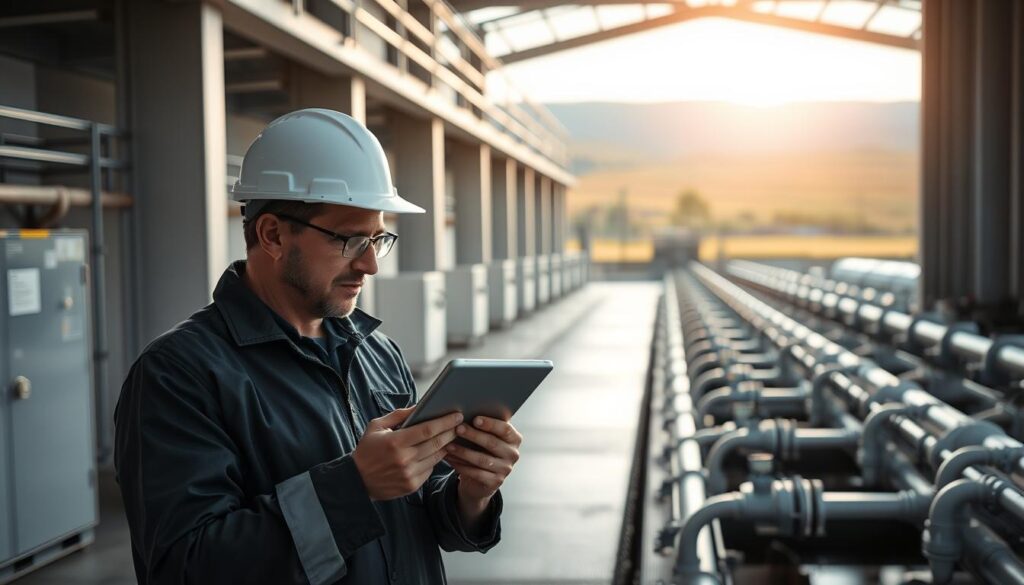 A modern water treatment facility with clean, minimalist architecture. In the foreground, an engineer examines a tablet display showcasing detailed budget allocations and financial projections. The middle ground features rows of efficient equipment and piping systems, conveying a sense of technological sophistication. The background depicts a serene, sun-dappled landscape, underscoring the facility's integration with the natural environment. Soft, directional lighting emphasizes the facility's sleek, industrial design and the engineer's thoughtful analysis of the financial data. The overall atmosphere conveys a balanced harmony between technology, sustainability, and responsible resource management.