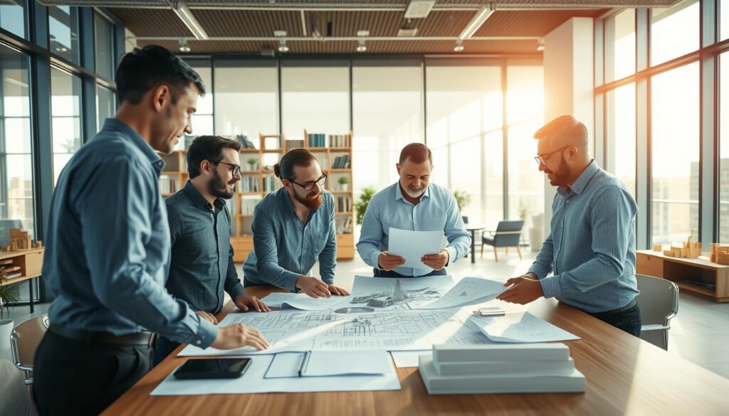 A modern, well-appointed office setting with a team of professional civil engineers reviewing plans and documents on a large table. The room is filled with natural light streaming in from floor-to-ceiling windows, creating a warm and productive atmosphere. The engineers are engaged in animated discussion, using technical diagrams and 3D models to collaborate on a complex infrastructure project. In the background, bookshelves and architectural models suggest the depth of expertise within the consultancy. The overall scene conveys a sense of competence, efficiency, and a commitment to delivering high-quality engineering solutions.
