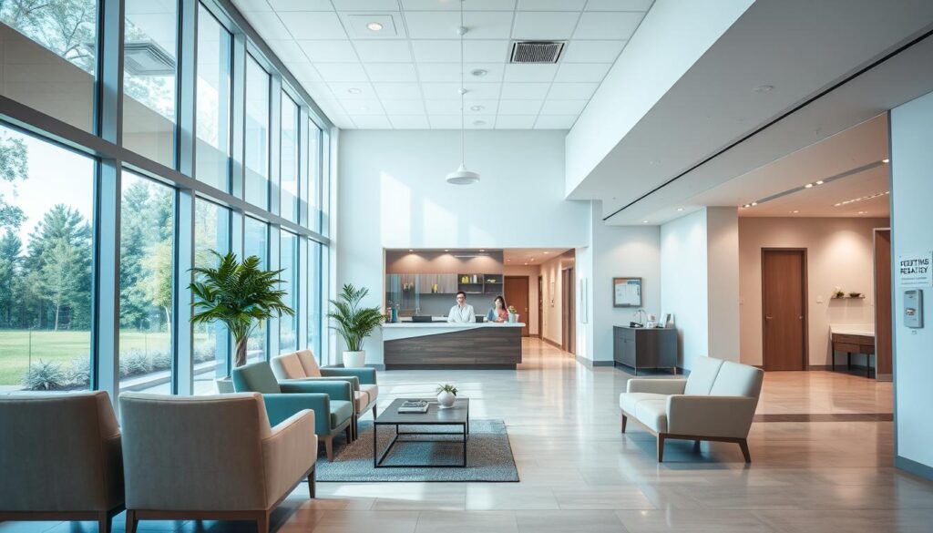 A modern, well-designed healthcare facility with a spacious, airy lobby featuring large windows that flood the space with natural light. In the foreground, a comfortable seating area with plush chairs and coffee tables, creating a calming and welcoming atmosphere. The middle ground showcases a reception desk with a friendly, attentive staff. The background features a sleek, minimalist hallway leading to various treatment rooms, with subtle wayfinding signage. The color palette is a soothing blend of neutral tones, accented by pops of vibrant greens and blues, creating a sense of serenity and well-being. The lighting is a harmonious mix of overhead fixtures and subtle ambient lighting, casting a warm, inviting glow throughout the space.