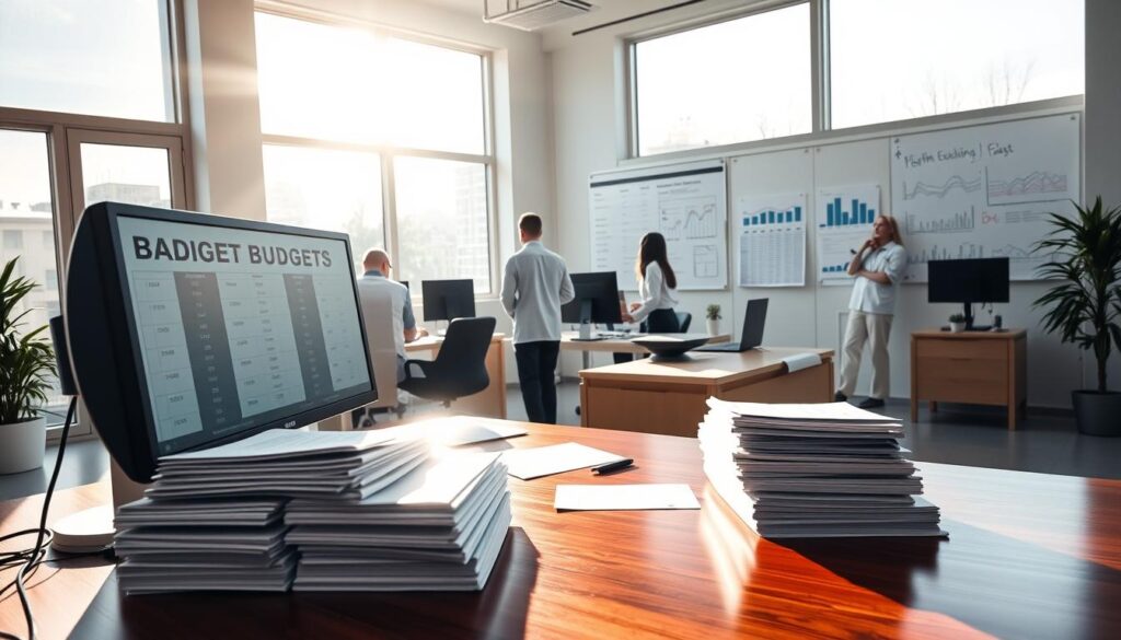 A modern, well-equipped health facility budgeting office. Sunlight streams through large windows, illuminating a sleek, minimalist workspace. In the foreground, a polished mahogany desk with a high-end computer setup and stacks of financial documents. In the middle ground, a team of healthcare finance professionals intently studying budget projections on multiple screens. The background features an array of whiteboards, charts, and analytical tools, all highlighting the meticulous planning and attention to detail required for effective health facility budgeting. The atmosphere is one of professionalism, efficiency, and a commitment to ensuring the financial well-being of the healthcare institution.