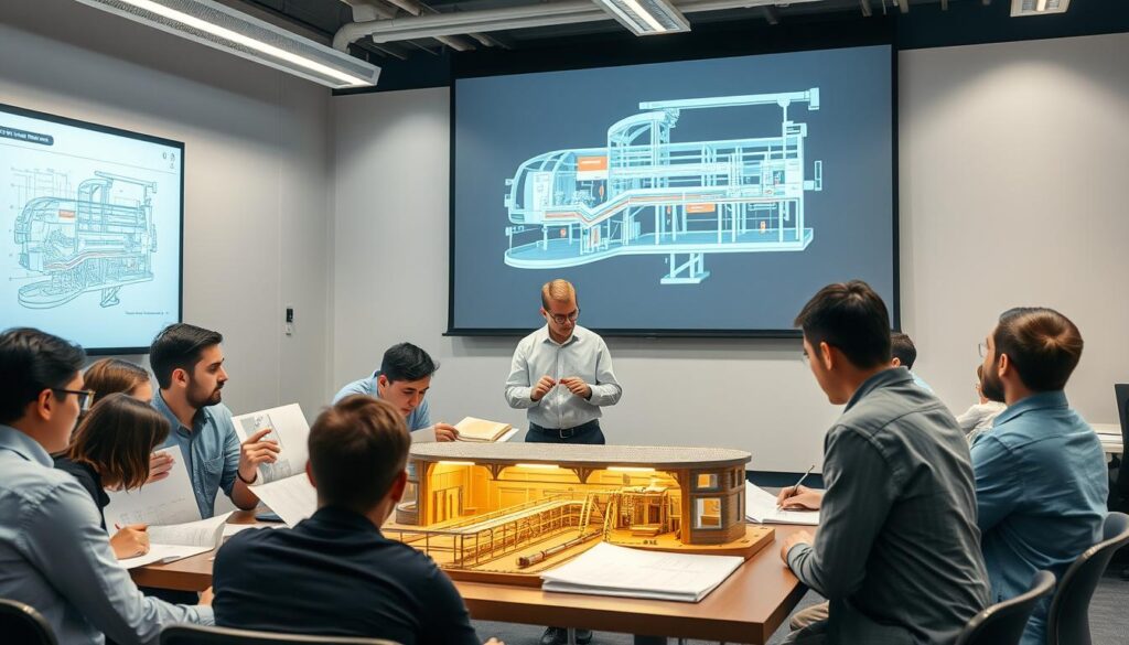 A modern, well-equipped metro engineering training facility. In the foreground, students gathered around a table, intently studying technical diagrams and models. Mid-ground, an instructor demonstrating the inner workings of a scale model transit system, under the warm glow of adjustable lighting. In the background, a wall-sized projection screen displays a cutaway schematic of a metro station, its systems and infrastructure. The atmosphere is one of focused learning, with a sense of innovation and technological sophistication.