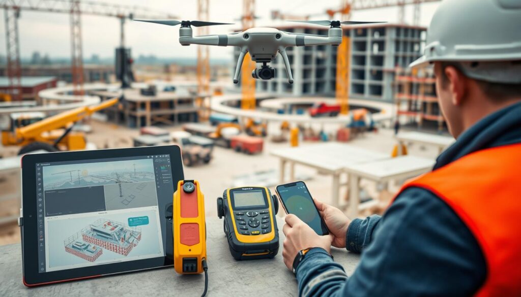 A modern, well-equipped worksite with a variety of cutting-edge technology tools for site engineers. In the foreground, a tablet displaying 3D models and sensor data, alongside a laser distance meter and a rugged smartphone. In the middle ground, a drone hovers overhead, capturing aerial footage and survey data. The background features a panoramic view of the construction site, with heavy machinery, scaffolding, and a partially completed building. The scene is illuminated by a warm, natural lighting, captured through a wide-angle lens to convey a sense of scale and immersion. The overall atmosphere is one of efficiency, innovation, and the integration of digital technologies into the physical world of engineering and construction.