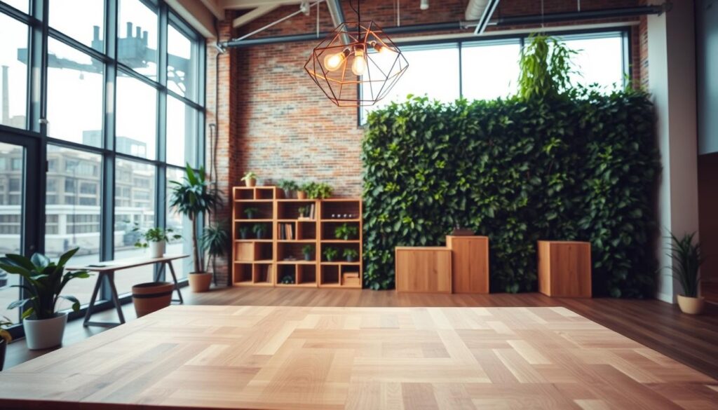 A modern, well-lit, and airy interior showcasing a range of sustainable building materials. In the foreground, a sleek wooden desk crafted from reclaimed timber. Backlit by large windows, the middle ground features exposed brick walls and a modular shelving system made from bamboo. Overhead, an intricate geometric light fixture casts a warm glow, illuminating the space. In the background, a towering living wall of lush, verdant plants cascades down the far wall, enhancing the biophilic design elements. The scene conveys a sense of environmental consciousness, innovation, and a harmonious balance between form and function.