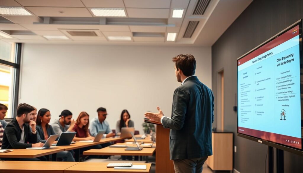 A modern, well-lit classroom setting with a group of diverse, engaged students learning about online engineering degrees. In the foreground, a lecturer stands at a podium, gesticulating as they explain course materials on a sleek digital display. The middle ground features students of various ages and backgrounds, some taking notes, others collaborating on laptops. The background showcases a clean, minimalist design with warm, natural lighting streaming through large windows, conveying a sense of openness and possibility. The overall atmosphere is one of focused, productive learning in a dynamic, technology-driven environment.