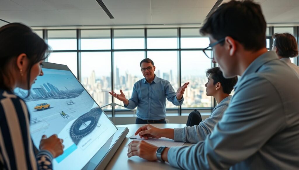 A modern, well-lit classroom setting with a large, interactive touchscreen display at the front. In the foreground, a group of students intently engaged in a collaborative engineering project, utilizing online resources and software. The middle ground features a professor guiding the class, gesturing towards the display and explaining course concepts. The background showcases a panoramic view of a bustling city skyline, representing the practical applications of the online civil engineering curriculum. Soft, natural lighting filters through large windows, creating a warm, productive atmosphere. The overall scene conveys the benefits of pursuing civil engineering education online - accessibility, interactive learning, and real-world relevance.