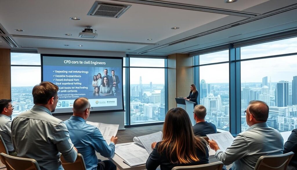 A modern, well-lit conference room with a large projection screen displaying detailed CPD course information for civil engineers. In the foreground, a group of engineers intently discussing technical drawings and plans. In the middle ground, a speaker at a podium presenting engaging course content. The background features a panoramic view of a vibrant city skyline, conveying a sense of urban progress and professional development. The overall scene exudes an atmosphere of productive collaboration, continuous learning, and a commitment to elevating the civil engineering field.