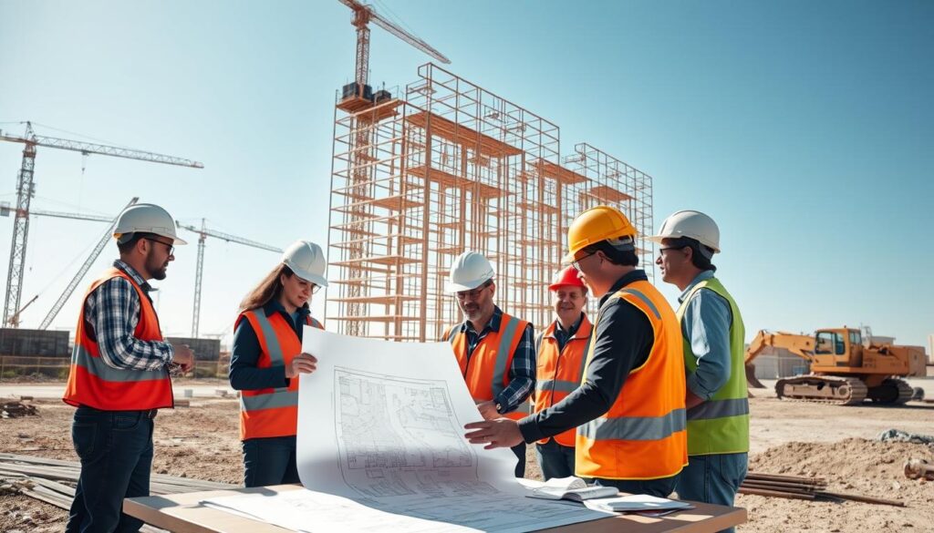 A modern, well-lit construction site with a team of engineers and construction workers reviewing blueprints and discussing legal considerations. In the foreground, a group of men and women in hard hats and safety vests poring over a large set of architectural plans spread out on a table. In the middle ground, heavy machinery like cranes and bulldozers stand ready, while in the background, the skeletal frame of a new high-rise building takes shape against a clear blue sky. The scene conveys a sense of collaboration, planning, and attention to legal and regulatory requirements in the construction process.