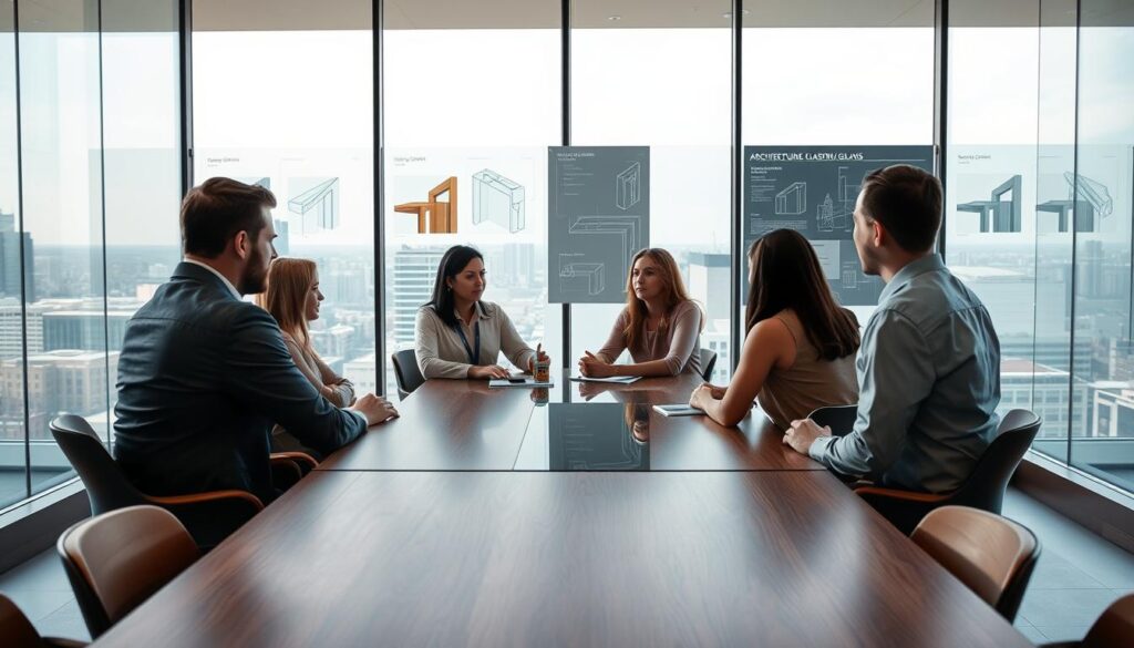 A modern, well-lit glass engineering consultation room. In the foreground, a wooden conference table with a glass top, around which sit several people engaged in discussion. In the middle ground, a large, floor-to-ceiling window overlooking a cityscape, providing ample natural light. The background features a sleek, minimalist glass wall, showcasing various architectural glass samples and technical diagrams. The overall atmosphere is professional, inviting, and conducive to collaborative problem-solving, with a touch of sophistication reflected in the use of high-quality materials and design.
