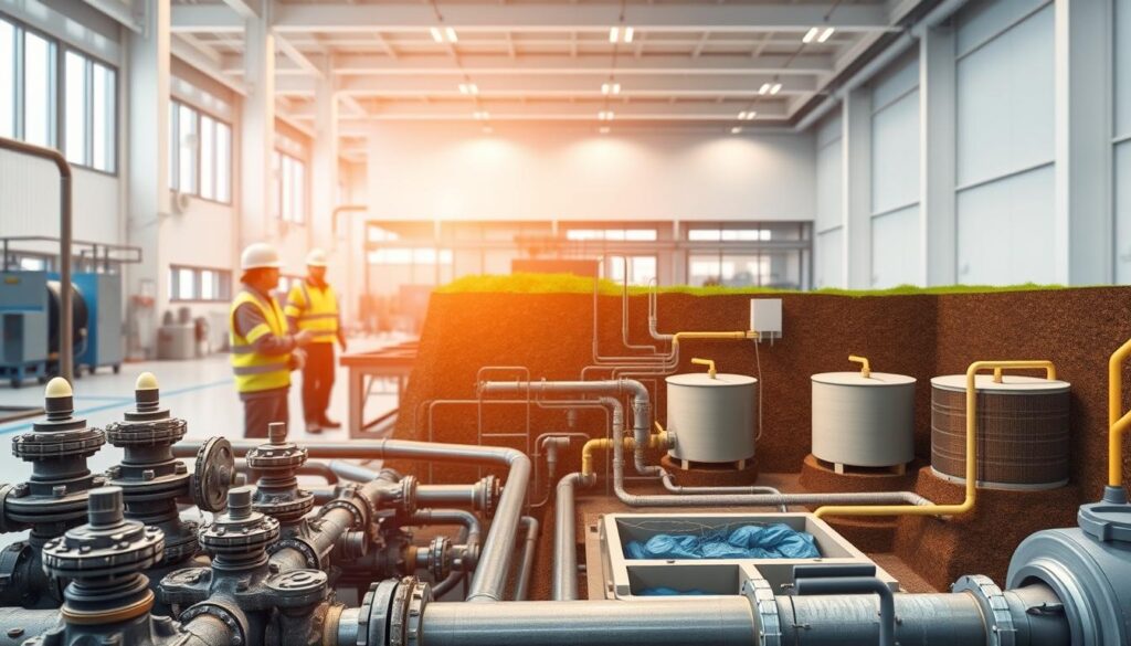 A modern, well-lit industrial facility with a focus on waste management engineering. In the foreground, a team of engineers in protective gear inspect a state-of-the-art water treatment system, valves and pipes visible. In the middle ground, a cutaway view showcases the intricate network of underground infrastructure, including sewer lines, drainage channels, and storage tanks. The background features sleek, minimalist architecture with large windows, hinting at the facility's commitment to sustainability and environmental regulations. The overall atmosphere conveys a sense of technological innovation, precision, and environmental responsibility in the field of sanitation system engineering.