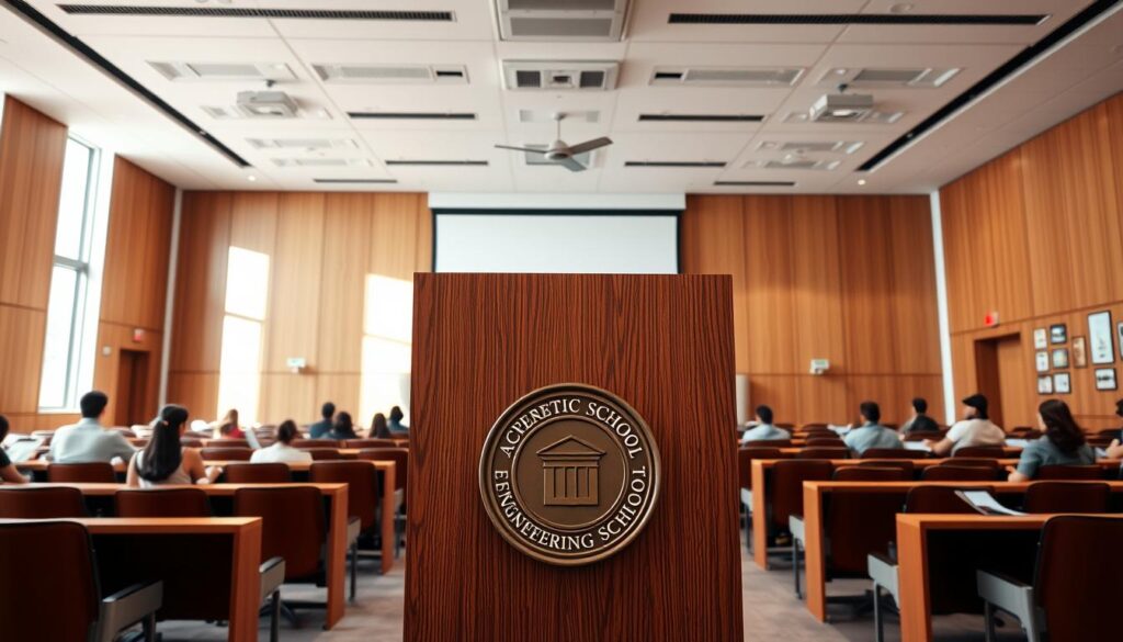 A modern, well-lit lecture hall featuring a large projection screen at the front. Rows of desks and chairs arranged in a semicircle, with students diligently taking notes. In the foreground, an imposing wooden podium emblazoned with the prestigious seal of an accredited engineering school. Soft, natural lighting filters in through large windows, creating a warm, studious atmosphere. The walls are adorned with engineering schematics, technical diagrams, and certificates of academic excellence. A sense of academic rigor and professional pride permeates the scene, reflecting the school's commitment to upholding the highest standards of engineering education.