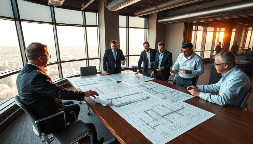 A modern, well-lit office interior with a large conference table at the center. On the table, an array of technical drawings, blueprints, and engineering schematics are spread out, representing various pipeline engineering projects. Around the table, several engineers in professional attire are engaged in animated discussion, pointing at the documents and gesturing to illustrate their points. The room features large windows overlooking a cityscape, with sunlight streaming in and casting a warm, productive atmosphere. The overall scene conveys a sense of collaborative problem-solving and in-depth analysis of real-world pipeline engineering case studies.