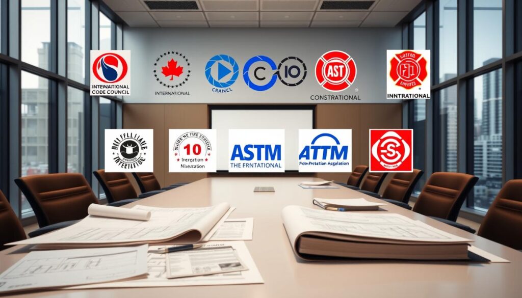 A modern, well-lit office interior with a large conference table, comfortable chairs, and a projection screen on the wall. In the foreground, various construction blueprints, engineering documents, and standards manuals are neatly arranged. The middle ground features the logos and signage of prominent U.S. building code and construction standards organizations, such as the International Code Council, ASTM International, and the National Fire Protection Association. The background showcases floor-to-ceiling windows overlooking a cityscape, conveying a sense of professionalism and authority in the domain of construction regulations and guidelines.