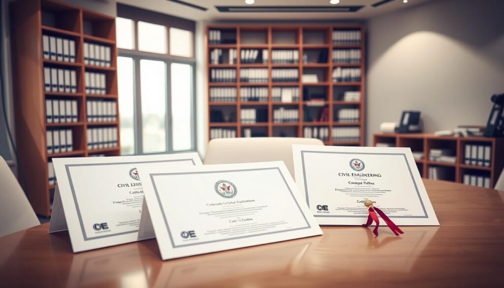 A modern, well-lit office interior with a large desk and a clean, minimalist aesthetic. On the desk, several diploma and certification documents are neatly arranged, representing the various civil engineering certification options available. The documents are crisp and legible, with professional seals and branding. In the background, a bookshelf filled with technical manuals and engineering reference materials provides a sense of authority and expertise. Soft, directional lighting from a large window illuminates the scene, creating a warm and inviting atmosphere. The overall composition conveys a sense of professionalism, education, and the diverse certification pathways in the civil engineering field.