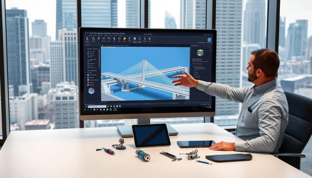 A modern, well-lit office interior with a large desk showcasing a 3D civil engineering modeling software interface. The screen displays a detailed 3D rendering of a bridge or infrastructure project, with intuitive UI controls and menus visible. In the foreground, an engineer in a button-down shirt and slacks interacts with the software, gesturing towards the screen. On the desk, a tablet and various mechanical engineering tools are neatly arranged. The background features floor-to-ceiling windows overlooking a bustling cityscape, creating a professional, productive atmosphere.