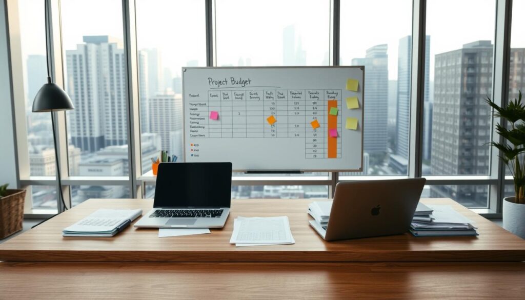A modern, well-lit office interior with a large wooden desk in the foreground. On the desk, a laptop, a calculator, and neatly arranged project documents and files. The middle ground features a wall-mounted whiteboard displaying a detailed project budget breakdown, with colorful markers and sticky notes. The background showcases floor-to-ceiling windows overlooking a bustling cityscape, bathed in soft, natural lighting. The overall atmosphere conveys a sense of focus, organization, and financial control, perfectly suited for a project manager's budget management duties.