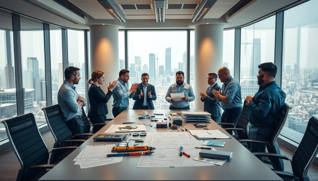 A modern, well-lit office interior with a team of metro engineering professionals engaged in a meeting. The foreground features a large conference table surrounded by ergonomic chairs, with various engineering tools and blueprints scattered across the surface. In the middle ground, a group of engineers gesticulate animatedly, deep in discussion. The background showcases floor-to-ceiling windows overlooking a bustling city skyline, conveying a sense of urban energy and technical expertise. Warm, directional lighting accentuates the professionalism and collaborative atmosphere of the scene.