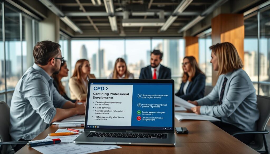A modern, well-lit office setting featuring a group of civil engineers in professional attire, gathered around a conference table, engaged in a discussion about continuing professional development (CPD) programs. The scene conveys a sense of collaboration, learning, and career advancement. In the foreground, a laptop displays a presentation slide highlighting key aspects of a CPD program, such as course offerings, accreditation, and professional benefits. The middle ground showcases various engineering tools, reference materials, and engineering plans, hinting at the practical applications of the CPD discussions. The background features large windows overlooking a cityscape, suggesting a dynamic, urban environment conducive to professional growth and development.