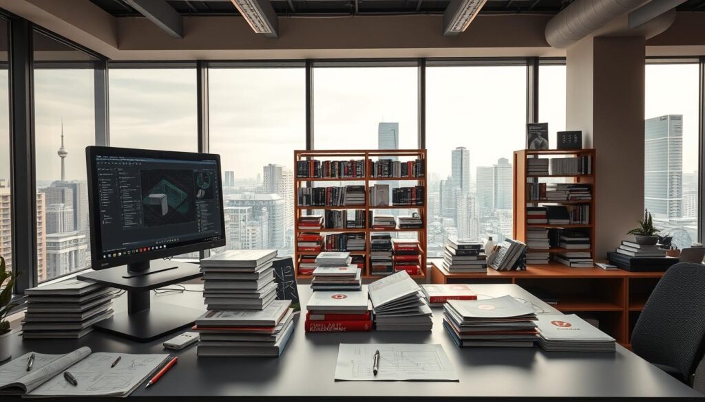 A modern, well-lit office setting with a large CAD workstation in the foreground. The desk is neatly organized, with a high-resolution monitor displaying an AutoCAD interface. Numerous technical books, manuals, and engineering resources are stacked on the desk, hinting at the wealth of knowledge available. In the middle ground, a bookshelf filled with civil engineering references and industry-standard software guides. The background features floor-to-ceiling windows overlooking a cityscape, conveying a sense of progress and innovation. Soft, directional lighting illuminates the scene, creating a professional and inspiring atmosphere for the continued learning and resources needed to master AutoCAD for civil engineering.