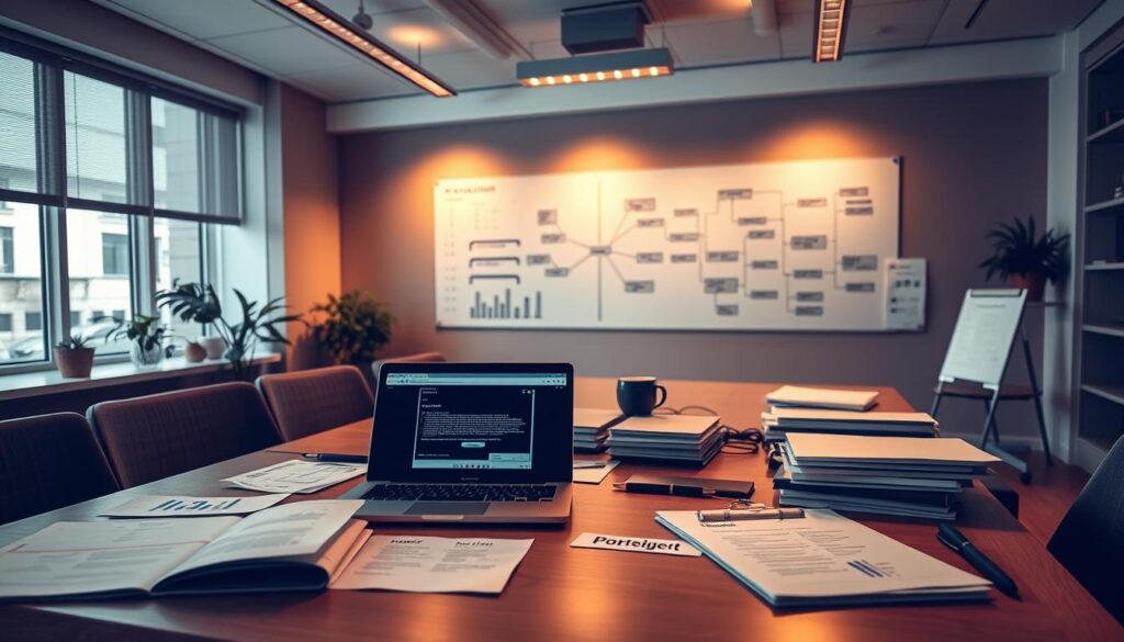 A modern, well-lit office setting with a large desk as the focal point. On the desk, various project management tools and documents are neatly arranged, including a Gantt chart, a to-do list, and a laptop displaying a project timeline. In the background, a whiteboard displays a mind map with interconnected tasks and milestones. Warm, indirect lighting illuminates the scene, creating a sense of productivity and organization. The atmosphere conveys a professional, efficient, and collaborative workspace where a project manager oversees the successful completion of a complex project.