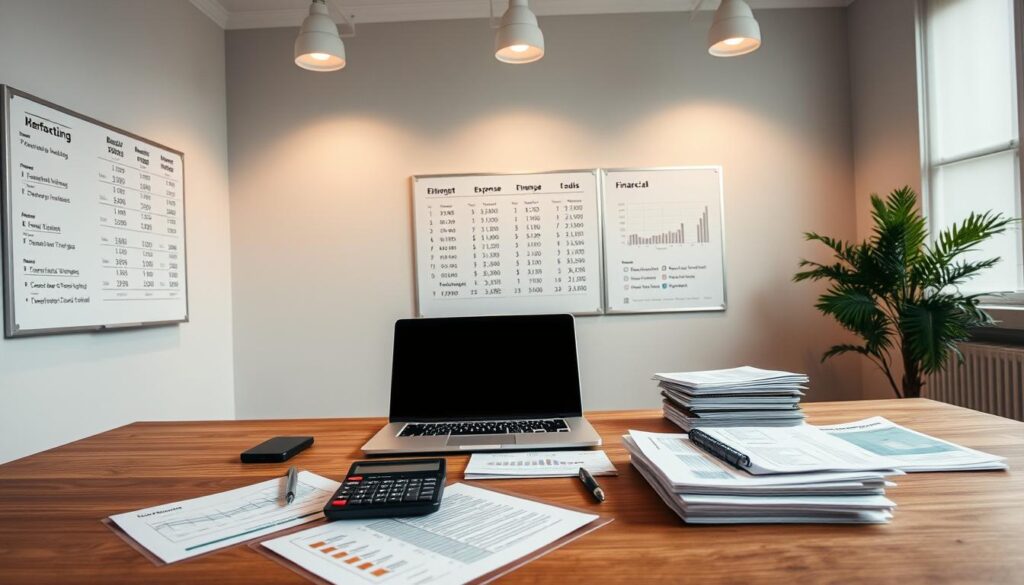 A modern, well-lit office setting with a large wooden desk in the foreground. On the desk, a laptop, a calculator, financial reports, and a carefully organized stack of documents. In the background, a wall-mounted whiteboard displays budget figures and expense charts. Overhead, the lighting casts a warm, professional glow, accentuating the serious yet focused atmosphere. The room is tidy and minimalist, conveying a sense of control and financial oversight. A potted plant in the corner adds a touch of life to the pragmatic scene.