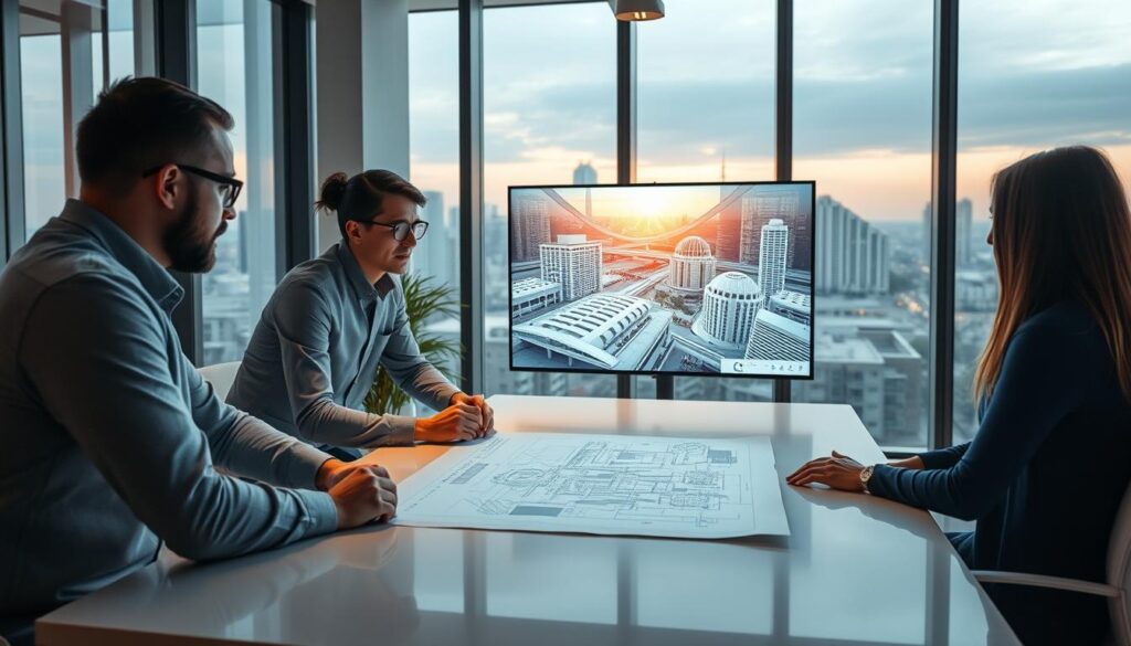 A modern, well-lit office setting with a team of civil engineers collaborating around a table, studying 3D models and blueprints projected on a large display screen. The room has sleek, minimalist furniture and floor-to-ceiling windows overlooking a cityscape in the background, conveying a sense of professionalism and efficiency. Warm, diffused lighting highlights the engineers' faces as they work, suggesting a focus on cost-effective solutions and attention to detail. The overall mood is one of a dynamic, forward-thinking consultancy dedicated to delivering high-quality, cost-effective infrastructure projects.