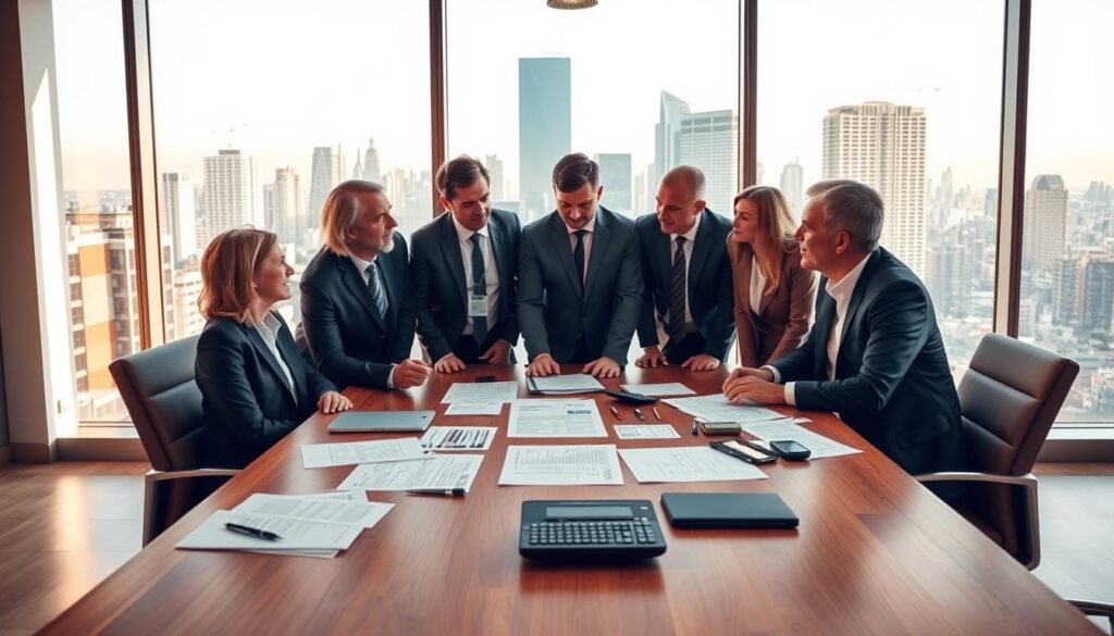 A modern, well-lit office space with a large wooden conference table at the center. On the table, an array of financial documents, a laptop, and a calculator, suggesting an active discussion around prefab construction financing. Floor-to-ceiling windows provide a panoramic view of a bustling city skyline in the background, conveying a sense of urban progress and development. The lighting is warm and inviting, creating a professional yet approachable atmosphere. A team of suited business professionals are gathered around the table, engaged in a thoughtful dialogue, their expressions reflecting the importance of the topic at hand. The overall scene exudes a sense of collaborative problem-solving and strategic planning for a successful prefab project.
