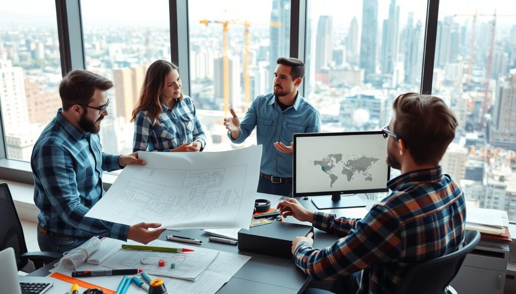 A modern, well-lit office space with a team of young civil engineers collaborating on a construction project. In the foreground, an engineer reviews blueprints on a desk, surrounded by a variety of engineering tools and equipment. In the middle ground, two engineers discuss plans on a computer screen, gesturing animatedly. The background features a large window overlooking a bustling cityscape, with cranes and high-rise buildings visible in the distance. The scene conveys a dynamic, problem-solving atmosphere with a sense of professionalism and teamwork.