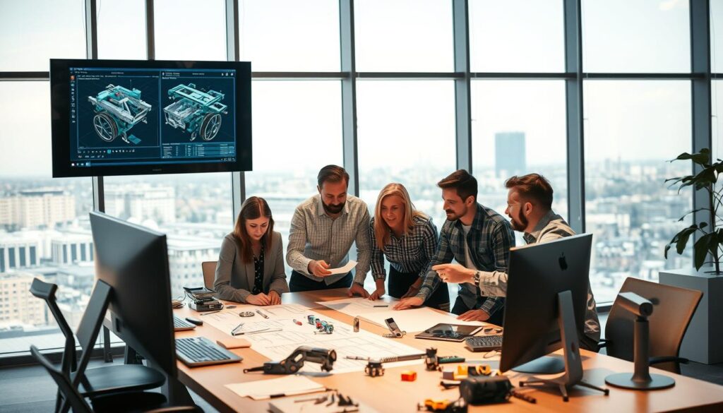 A modern, well-lit office space with an engineering team gathered around a large table, studying technical drawings and blueprints. Sleek desktop computers, a wall-mounted monitor displaying 3D CAD models, and an array of mechanical tools and prototypes scattered across the table. The team members are engaged in deep discussion, gesturing towards the plans, their expressions focused and thoughtful. The lighting is warm and soft, creating a productive, collaborative atmosphere. The background features expansive windows overlooking a cityscape, hinting at the larger context of the engineering project.