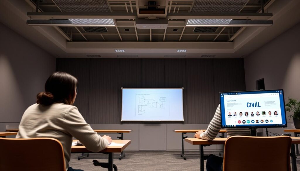 A modern, well-lit virtual classroom with a focus on online civil engineering course formats. In the foreground, two students seated at desks engage in a structured learning session, their faces illuminated by soft, diffused lighting. In the middle ground, a whiteboard displays a schematic diagram, underlining the technical nature of the content. The background reveals a panoramic view of the online learning platform, featuring a clean interface with intuitive navigation tools, conveying the self-paced flexibility of the course. The overall atmosphere is one of focused, collaborative learning, with a balance of structure and autonomy.