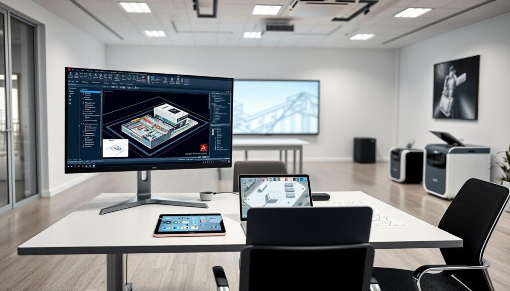 A modern, well-organized AutoCAD workspace with a focus on project management. In the foreground, a 3D model of a civil engineering project is displayed on a high-resolution monitor, surrounded by various AutoCAD toolbars and windows for managing tasks, schedules, and budgets. The middle ground features a sleek, minimalist desk with a laptop, a tablet, and a physical project plan or blueprint. The background showcases a clean, minimalist office environment with ample natural lighting, neutral tones, and subtle hints of technology, such as a large wall-mounted display or a 3D printer. The overall atmosphere conveys professionalism, efficiency, and a focus on collaborative project management in the context of AutoCAD-based civil engineering workflows.