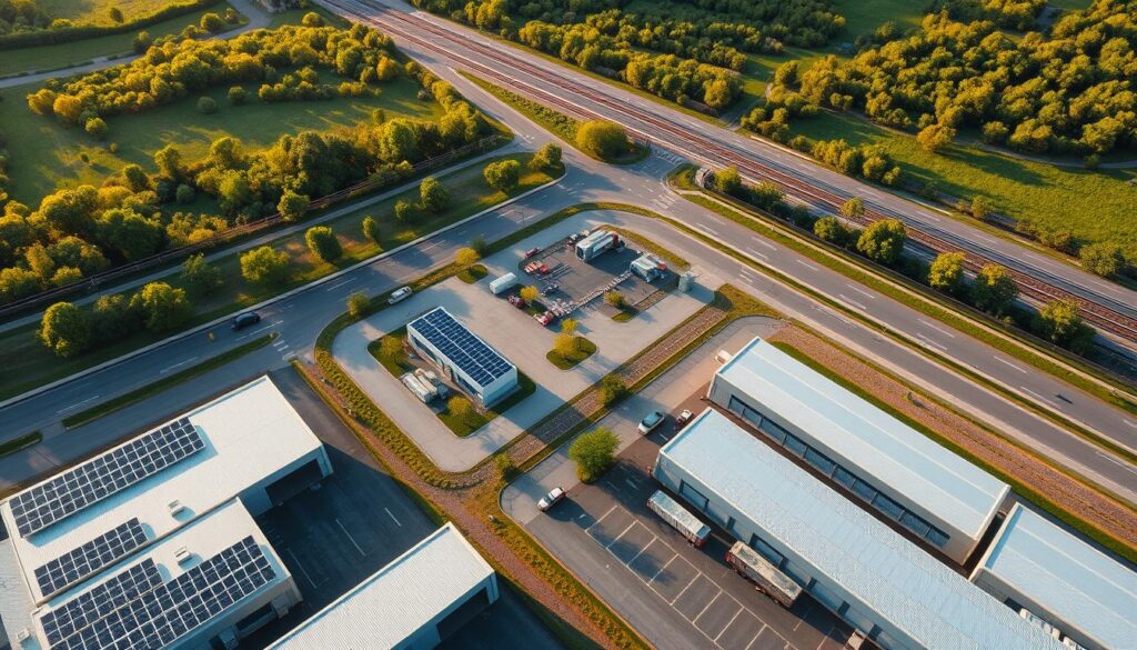 A modern, well-organized logistics facility layout, showcasing an aerial view of a meticulously planned site. The foreground features a series of modular warehouses, their roofs adorned with solar panels, strategically placed to maximize efficiency. In the middle ground, a network of paved roads and railways seamlessly connects the various sections, facilitating the smooth flow of cargo. The background depicts a lush, verdant landscape, with strategically planted trees providing both aesthetics and environmental benefits. The scene is illuminated by warm, natural lighting, casting long shadows and creating a sense of depth and atmosphere. The overall composition conveys a harmonious balance between functionality and sustainable design, capturing the essence of an optimized cargo facility.