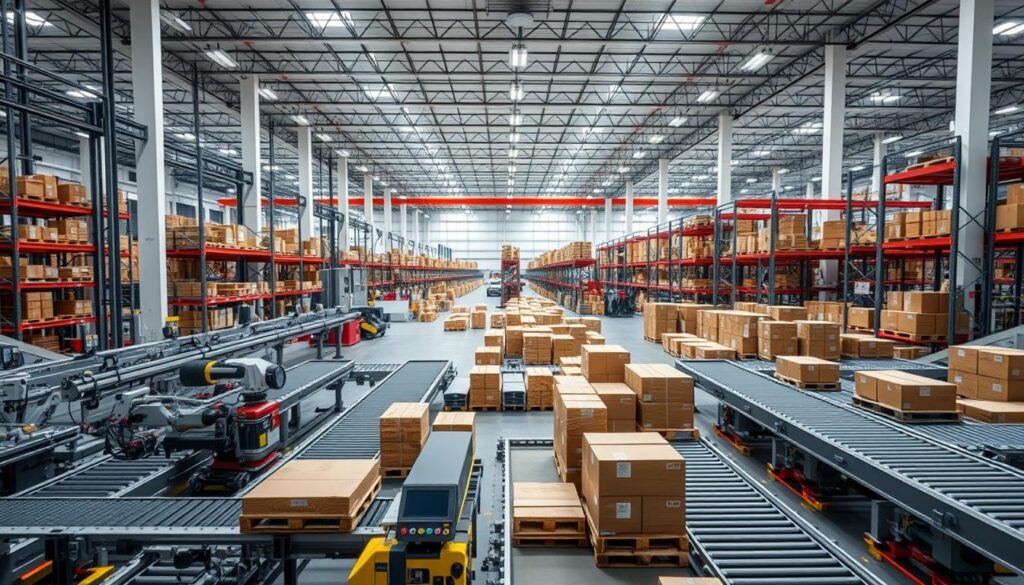 A modern, well-organized warehouse management system in a spacious, well-lit cargo facility. In the foreground, a network of conveyor belts and robotic systems efficiently move pallets and boxes. In the middle, rows of shelves and storage racks hold a variety of cargo, meticulously tracked by a sophisticated digital inventory system. In the background, a panoramic view of the facility showcases its expansive scale, with high ceilings and ample natural lighting flooding the space. The overall atmosphere conveys a sense of technological sophistication, organization, and productivity, perfectly suited for the "Technology in Cargo Facilities" section of the article.