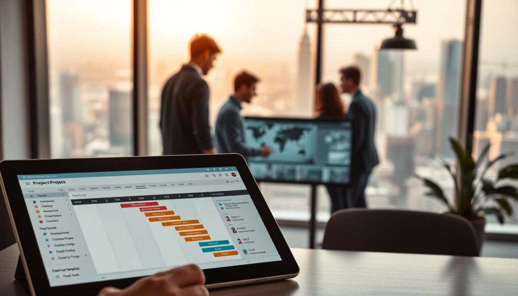 A modern workspace filled with intuitive cloud-based project management tools. In the foreground, a sleek tablet displays a Gantt chart, task lists, and real-time collaboration features. In the middle ground, team members huddle around a large interactive display, coordinating project timelines and resource allocation. The background features a panoramic window overlooking a bustling city skyline, bathed in warm, natural lighting. The atmosphere is one of efficiency, connectivity, and a seamless flow of information, reflecting the power of cloud-based project management in the construction industry.