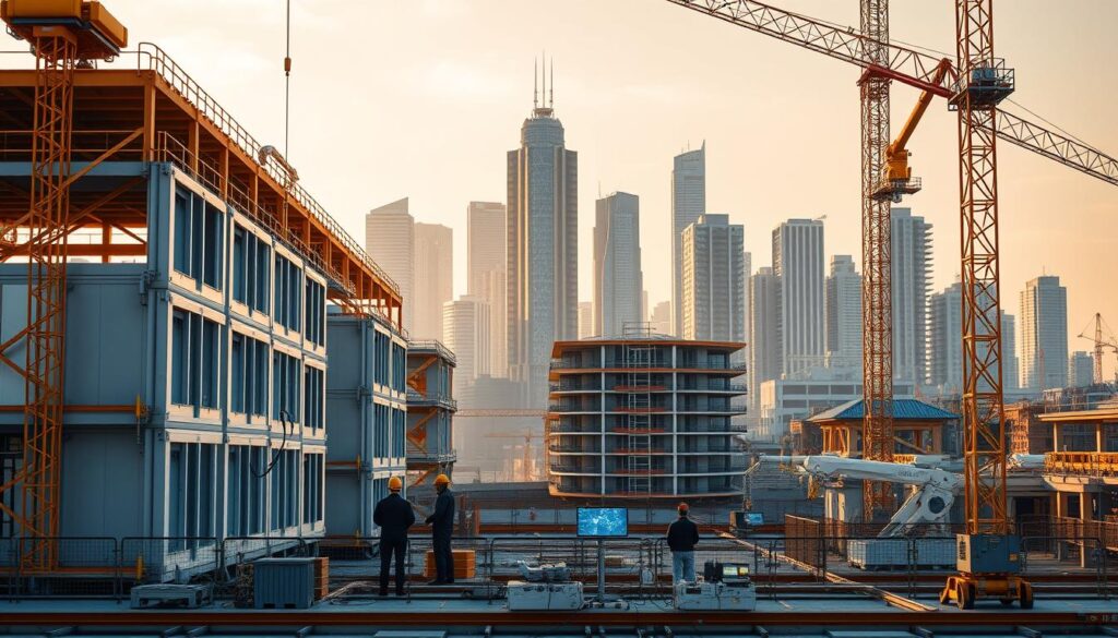 A modular construction site in the foreground, with prefabricated building modules and components being assembled with precision by robotic arms and cranes. In the middle ground, a team of engineers and technicians monitor the construction process using augmented reality displays and digital control panels. In the background, a towering, futuristic skyline of smart, interconnected buildings, powered by renewable energy sources and optimized for sustainability. The scene is bathed in a warm, golden light, creating a sense of progress and innovation. The image conveys the efficiency, precision, and technological advancements of modern modular construction techniques.