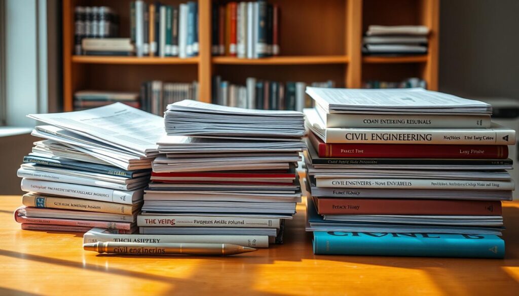 A neatly arranged collection of civil engineering study materials, including textbooks, reference guides, and technical journals, resting on a wooden desk illuminated by a warm, natural light. The materials are meticulously organized, conveying a sense of diligence and focus. In the background, a subtle bookshelf filled with additional resources hints at the depth of knowledge required for the field. The overall scene radiates an atmosphere of dedication and academic rigor, capturing the essence of the resources available to aspiring civil engineers.